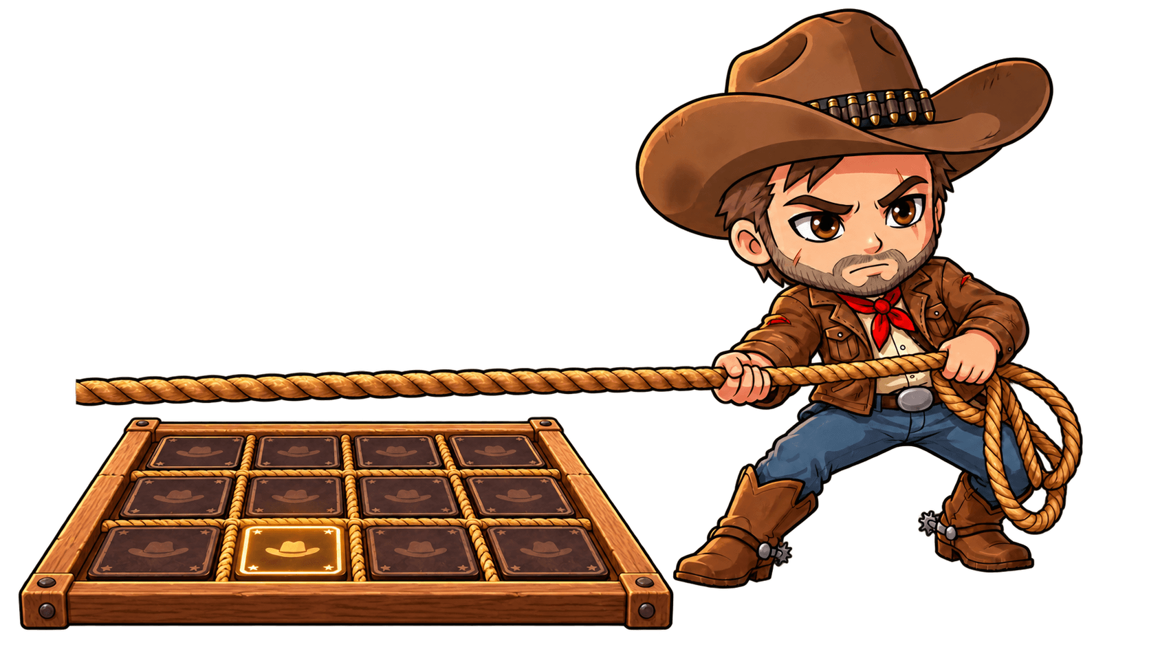 The Gunslinger pulling a rope across a Tug-Of-War board at sunset